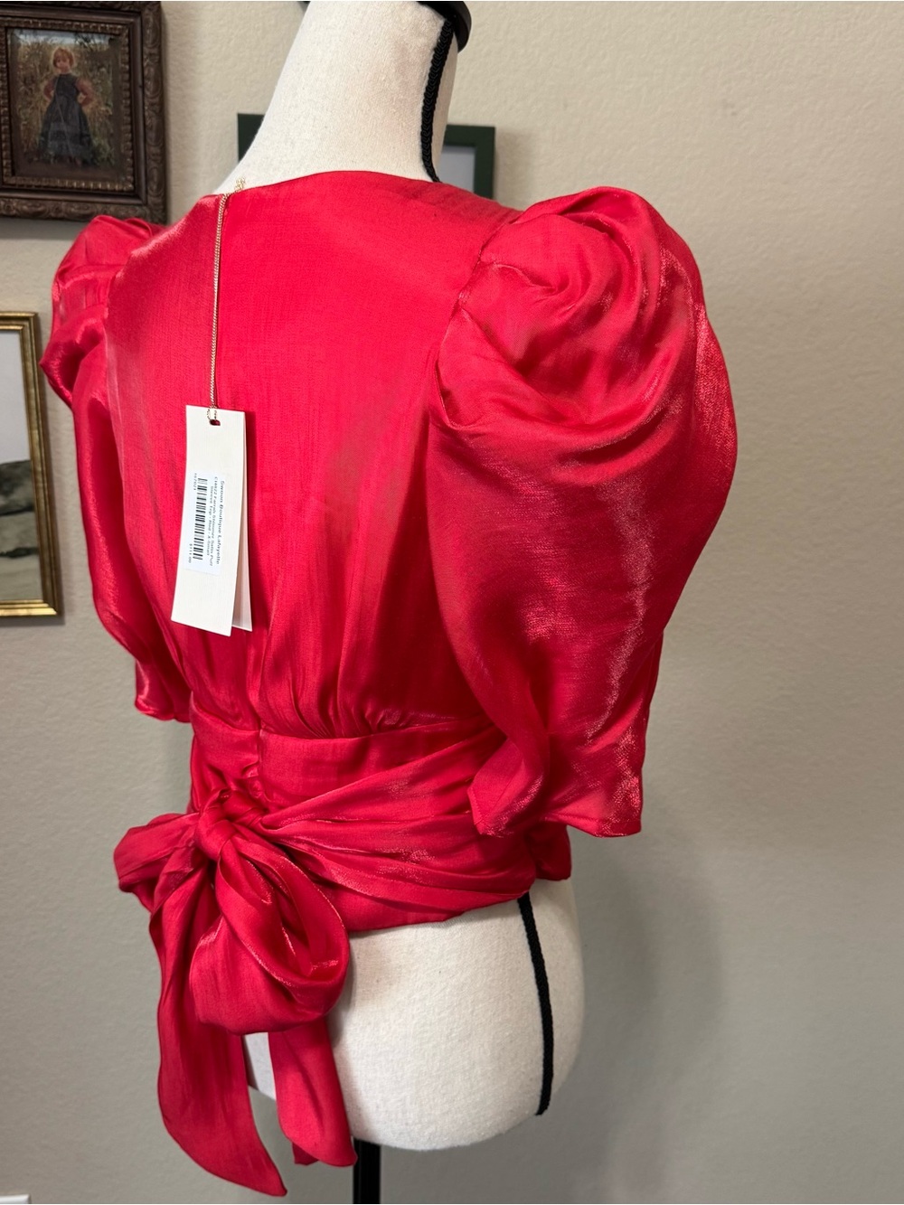 CIEBON | Farrah Shimmer Satin Red Puff Sleeve Shirt Blouse XS NWT - Picture 3 of 16